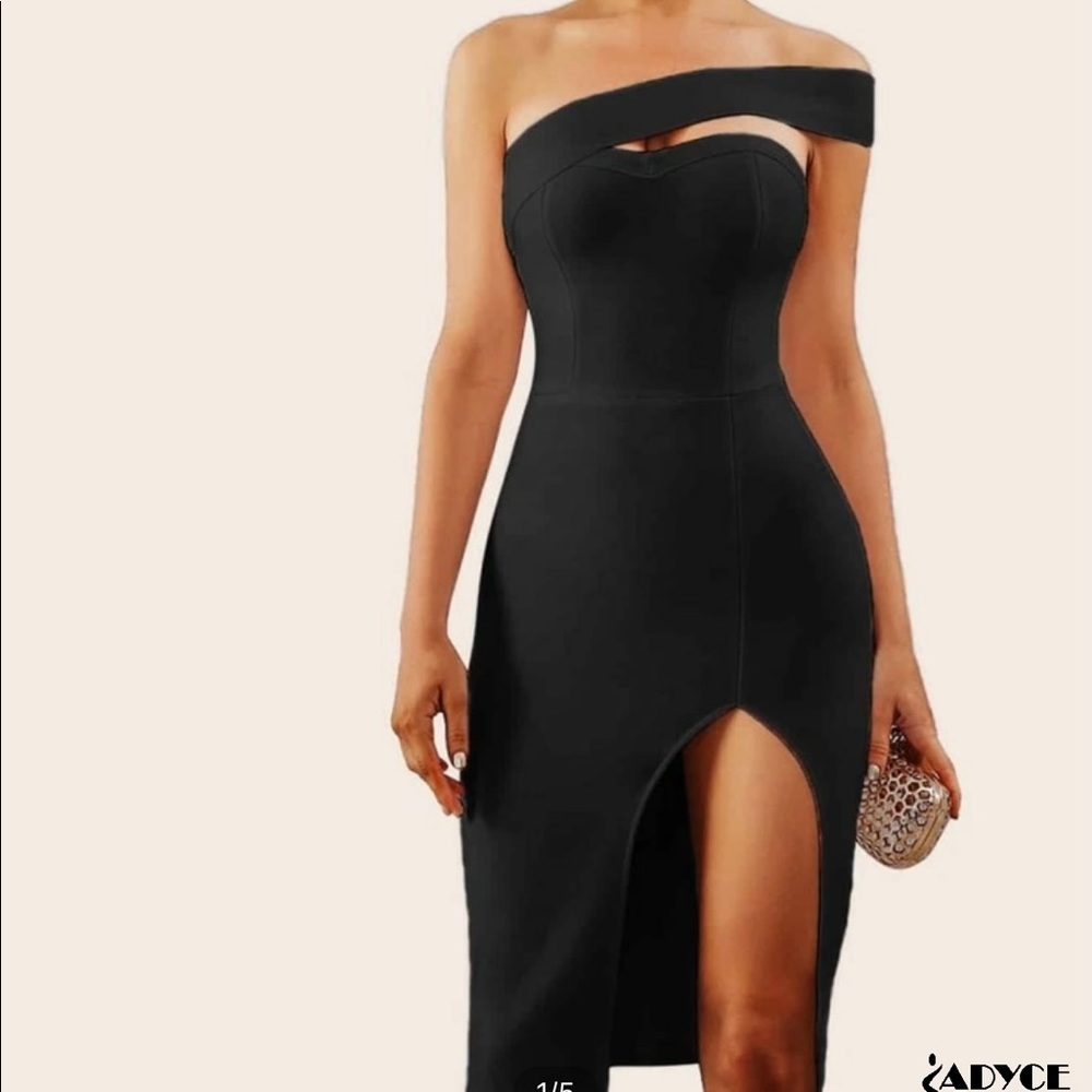 ADYCE Solid Black One shoulder Pencil Dress